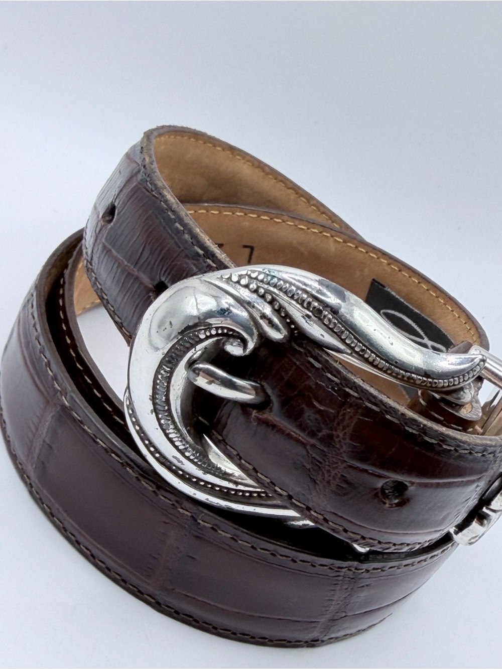 Brighton Dark Brown Leather Belt with Silver Logo Tag - Picture 2 of 9